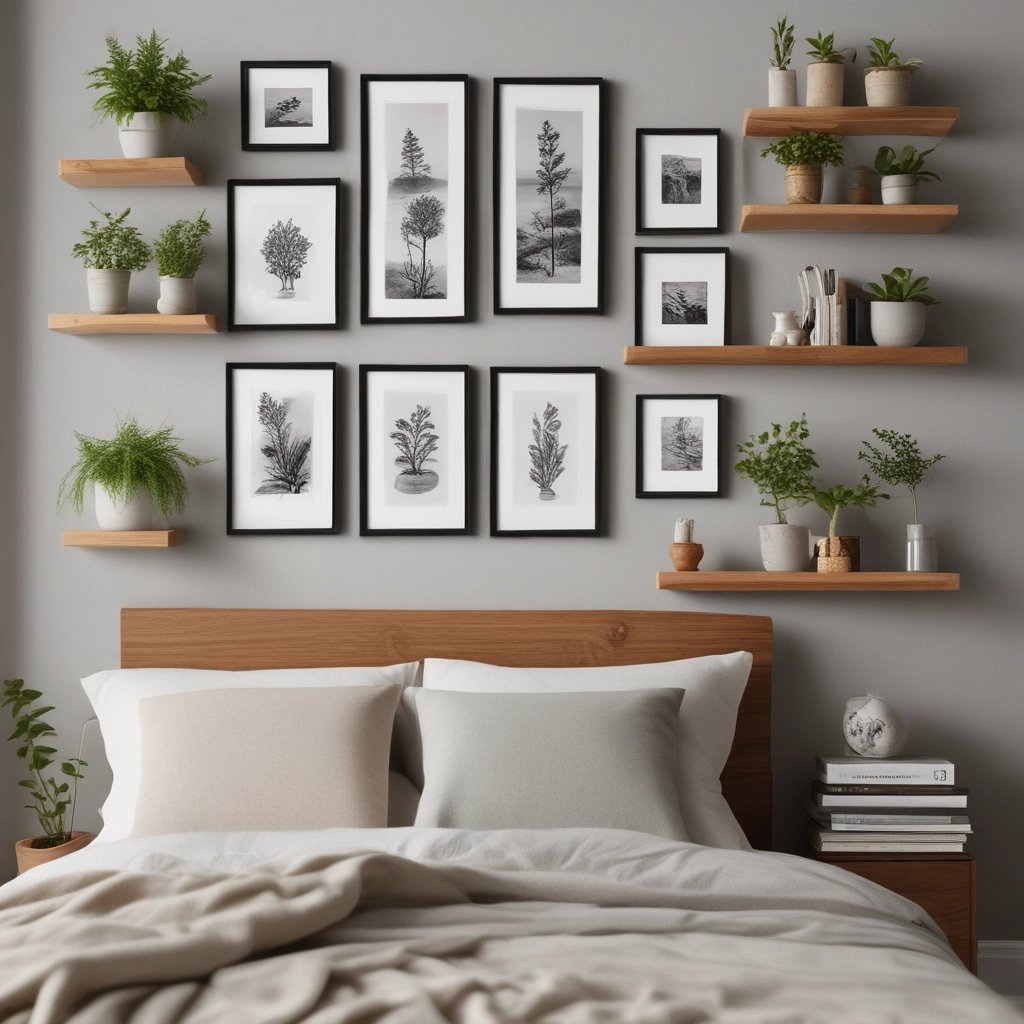 Modern bedroom with a gallery wall of black and white botanical art and wooden floating shelves.