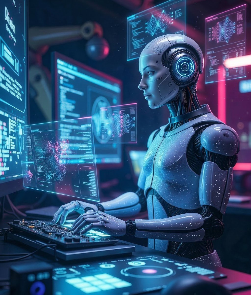 A futuristic white humanoid robot typing on a keyboard while analyzing digital data on holographic displays.