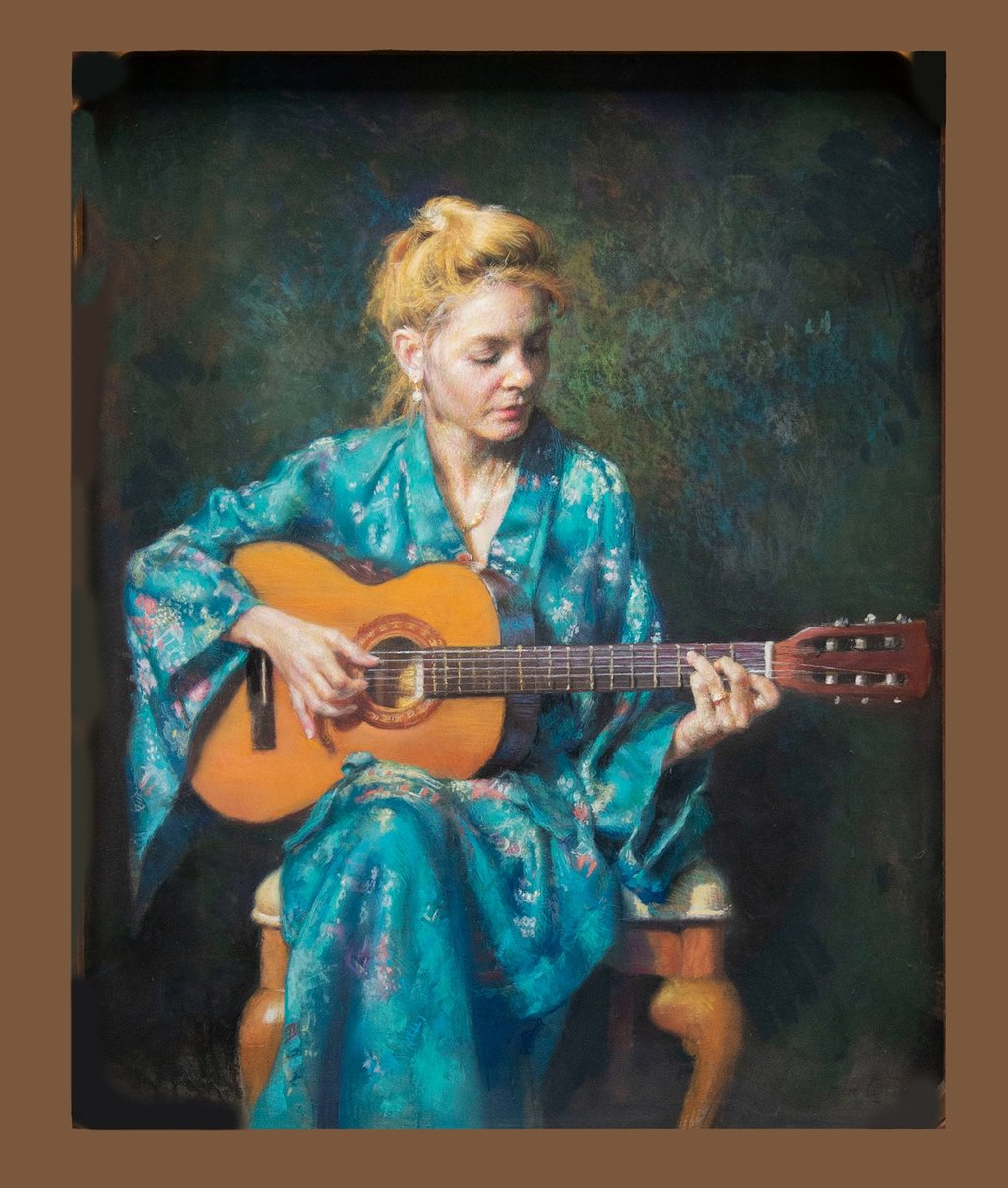 a woman in a blue kimono with guitar