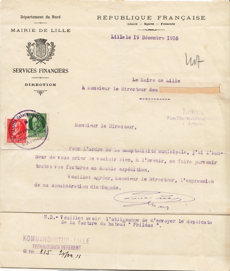 Administrative examination by the Kommandantur of LILLE, which applied its inspection mark