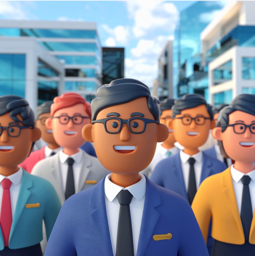 a group of people in suits and ties standing in front of a building