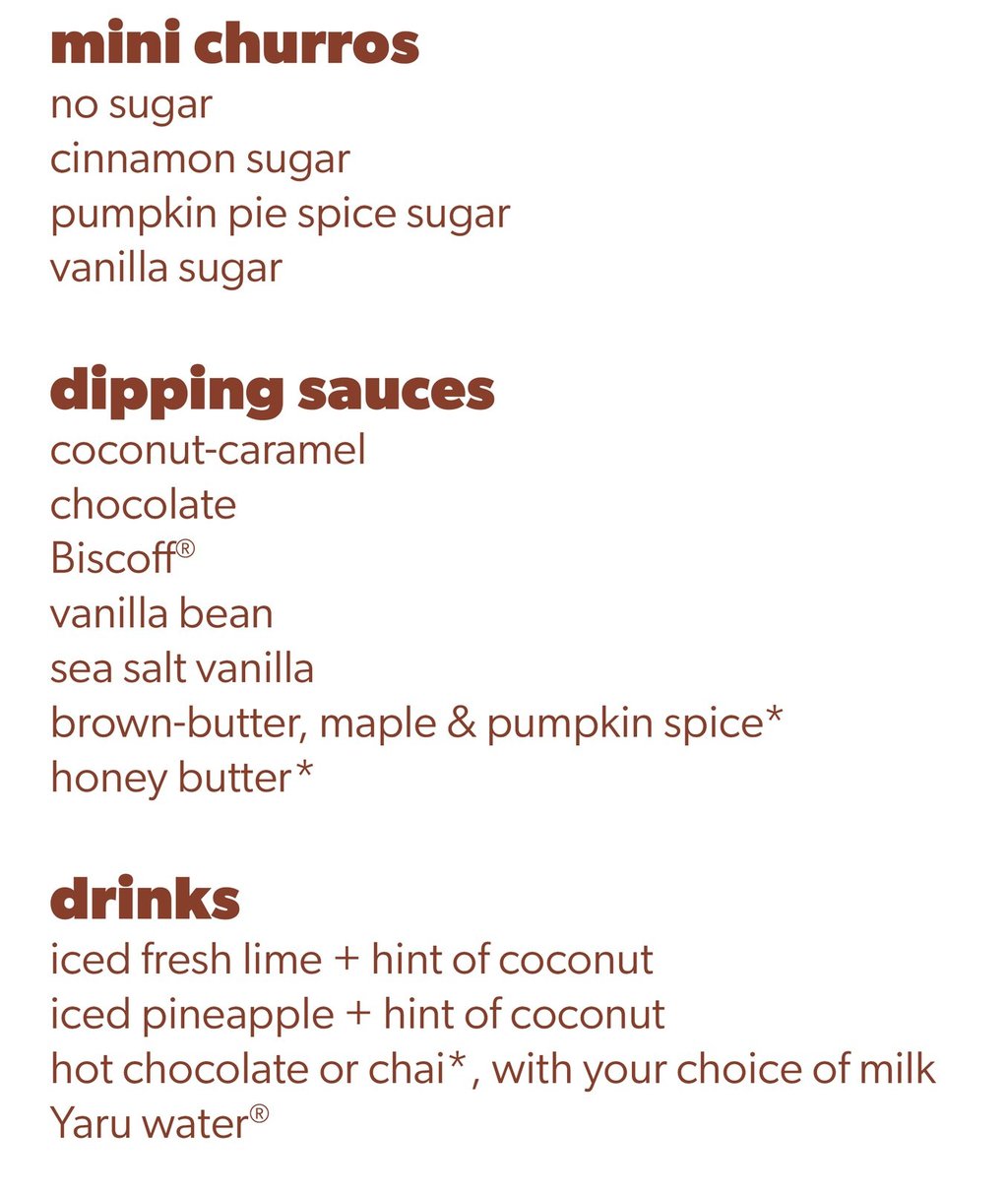 Menu for mini churros with various sugar toppings, dipping sauces, and specialty drinks.