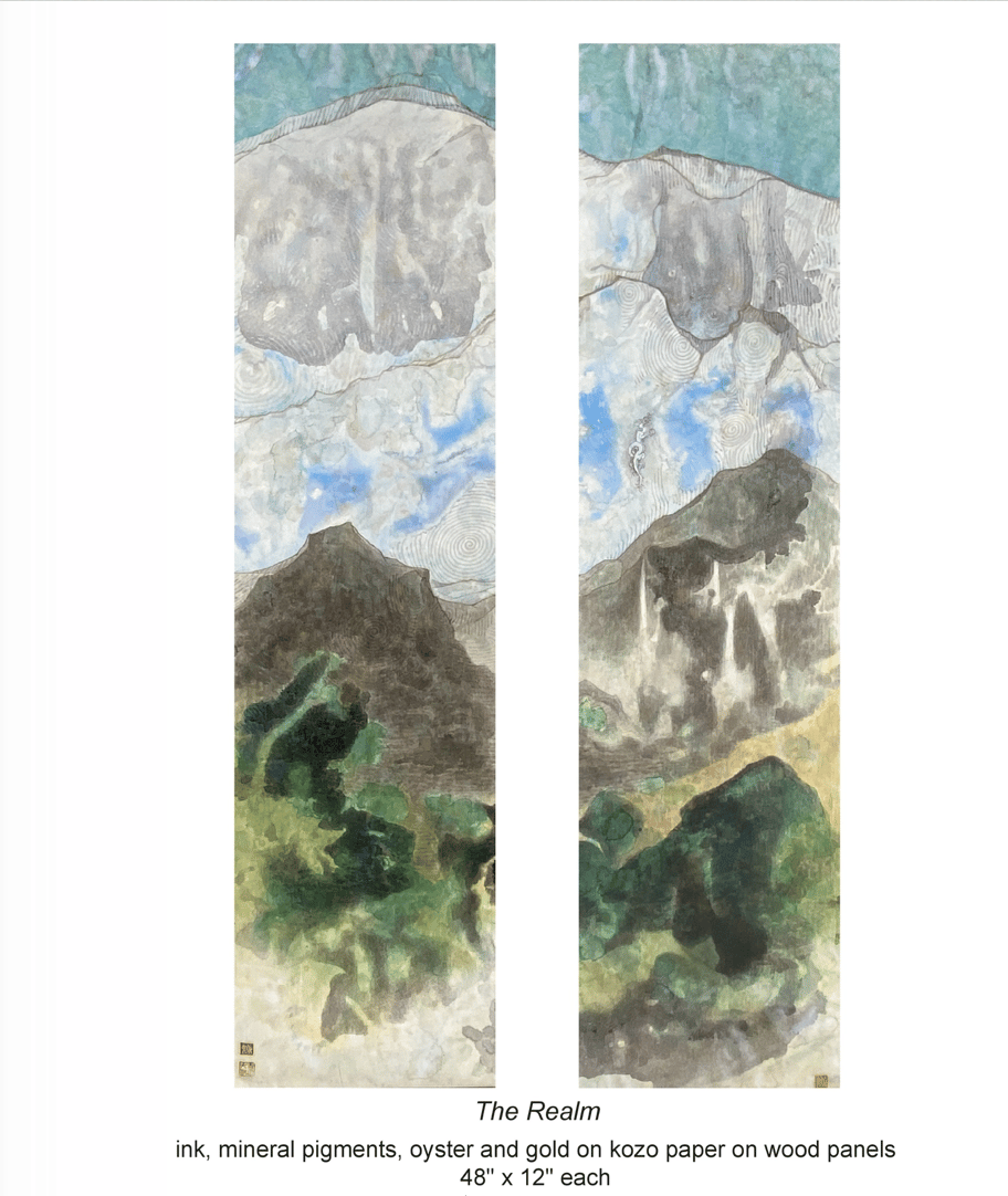 The Realm©2024,Fumiyo Yoshikawa, 48x12 inch each, Sumi-ink, mineral /Nihonga pigments, gold on Mashi