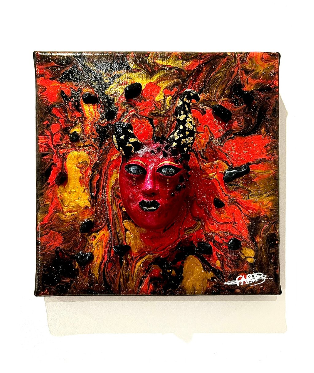 a painting of a woman's face with a red mask