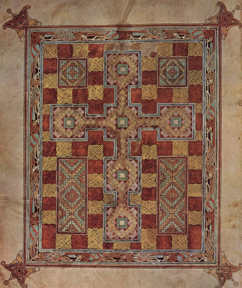 An illuminated page from the Lindisfarne gospels (7th century).
