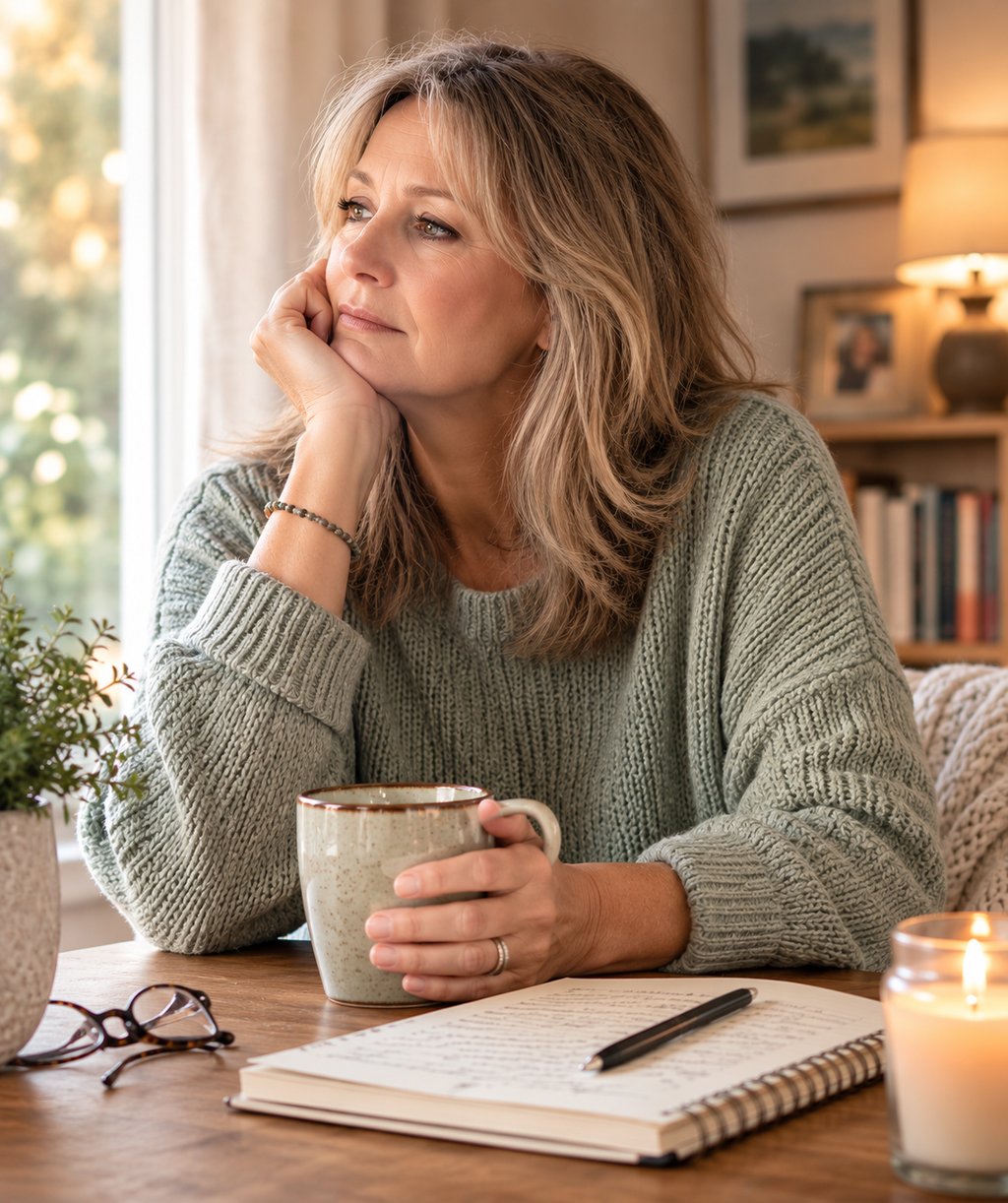 Adult daughter sitting quietly after making a difficult caregiving decision, reflecting on the guilt