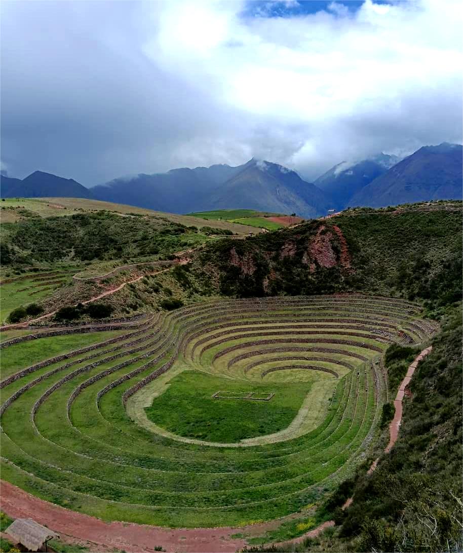 Circular agricultural terraces at the Moray Inca ruins in the Sacred Valley, Peru.