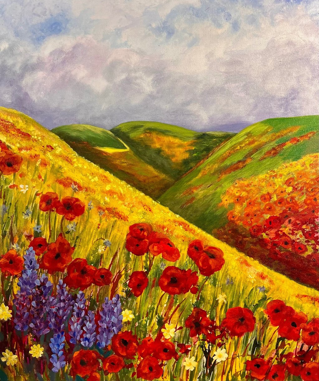 a painting of a field with flowers and a sky background