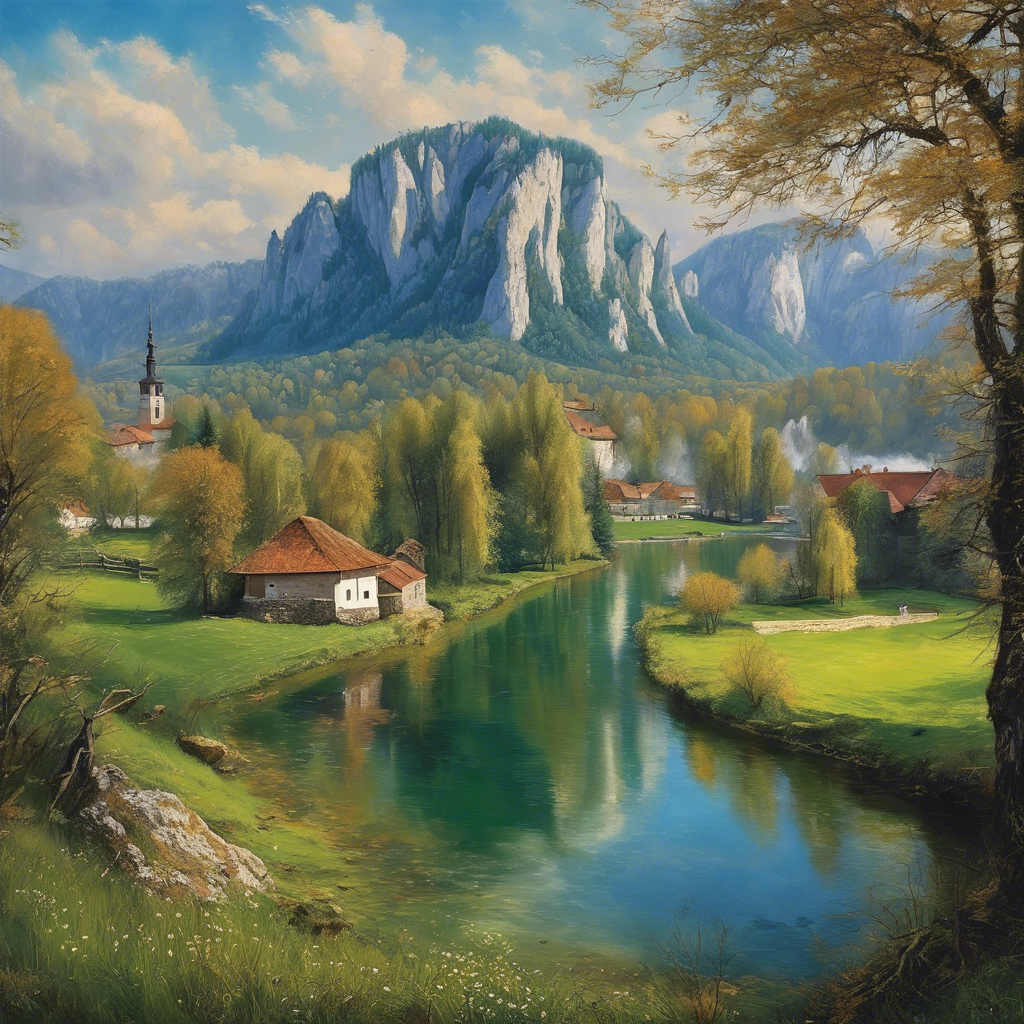 a painting of a mountain scene with a river and a church