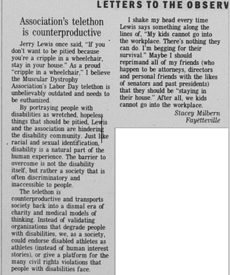 Photocopy of a letter to the editor written by Stacey which is titled "Association's telethon is counterproductive"