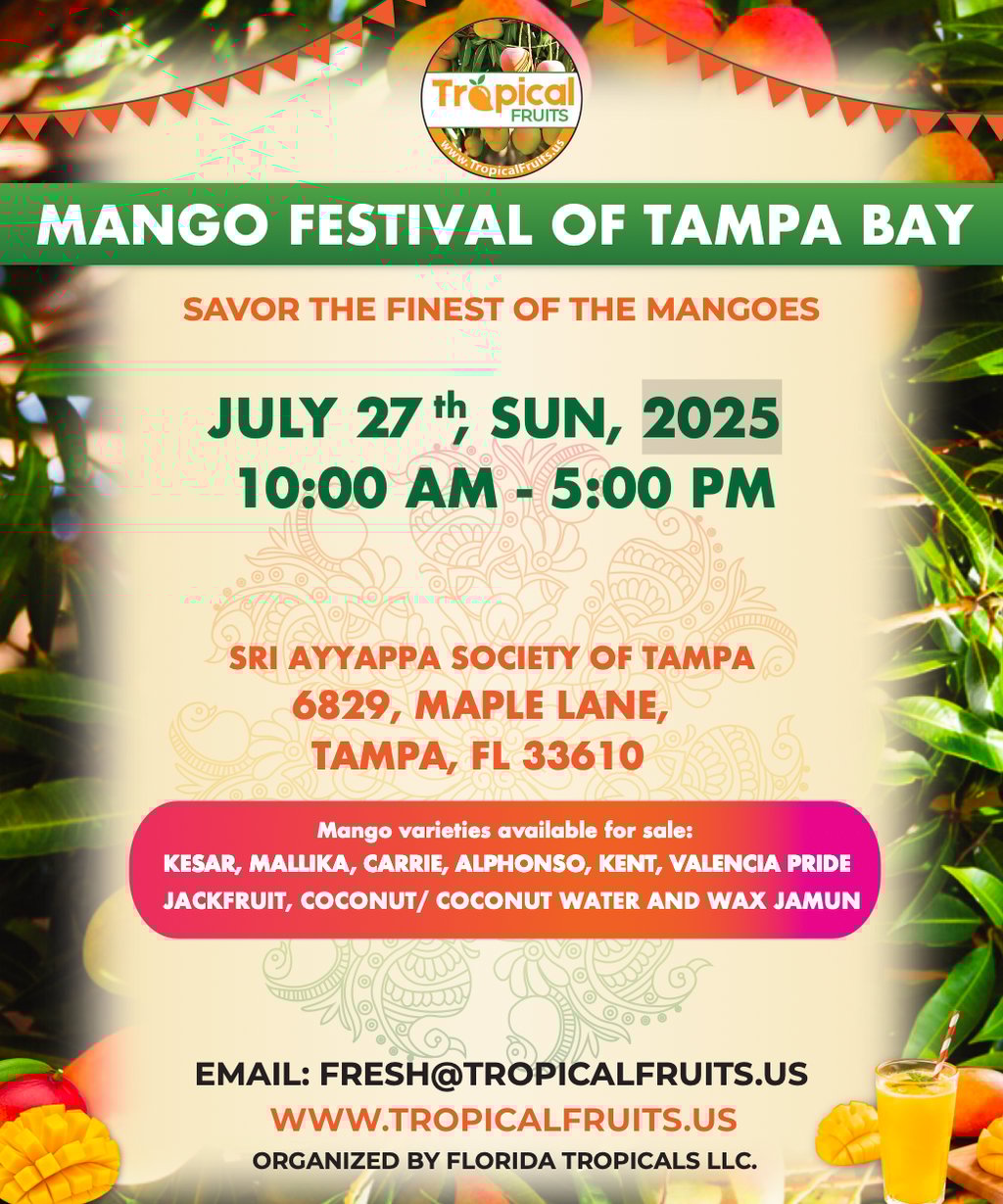 a poster for Tampa Bay Mango Festival featuring several Indian mango varieties.