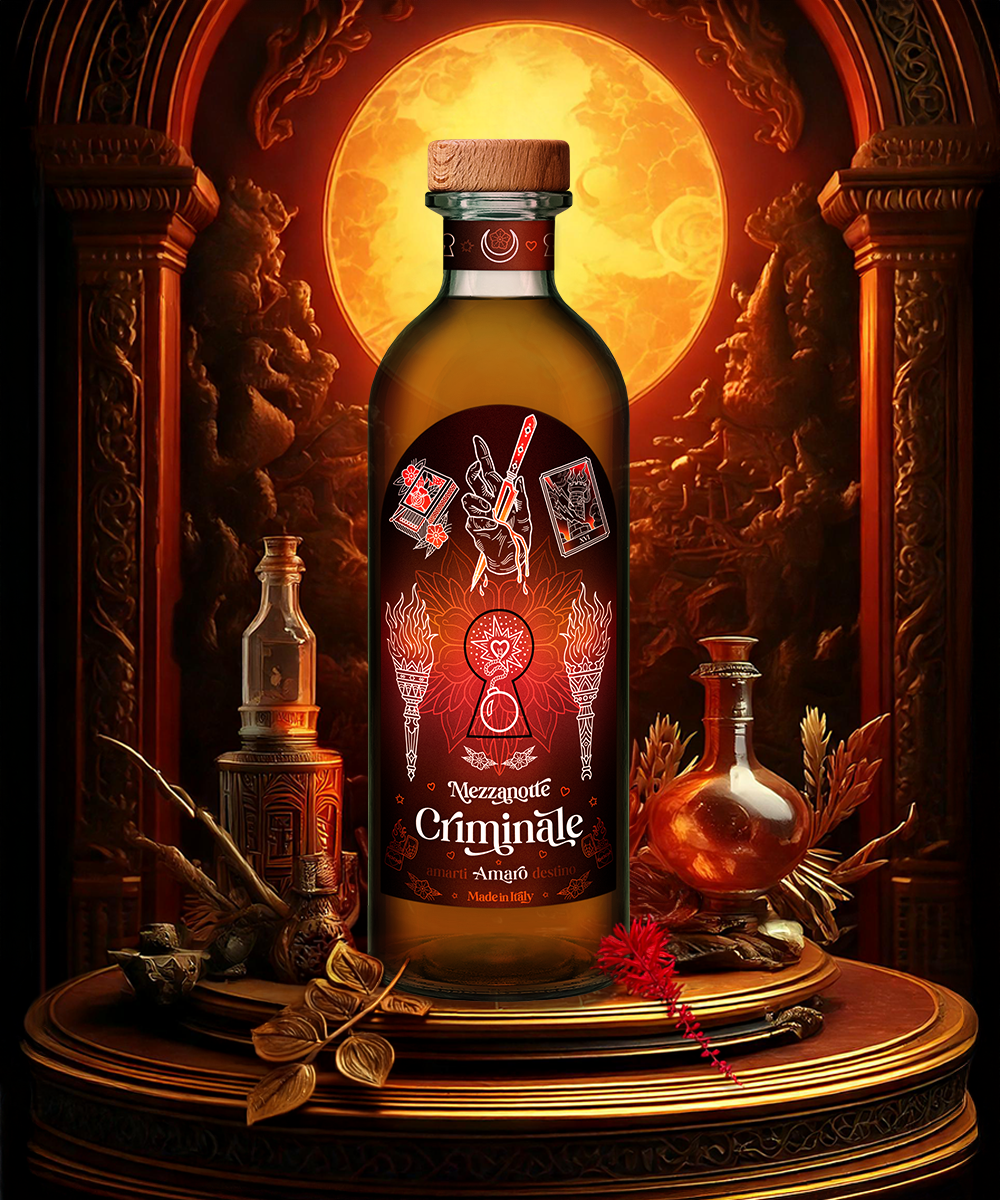 bottiglia di amaro Criminale con pozioni e foglie dorate sullo sfondo motivi orientali e la luna