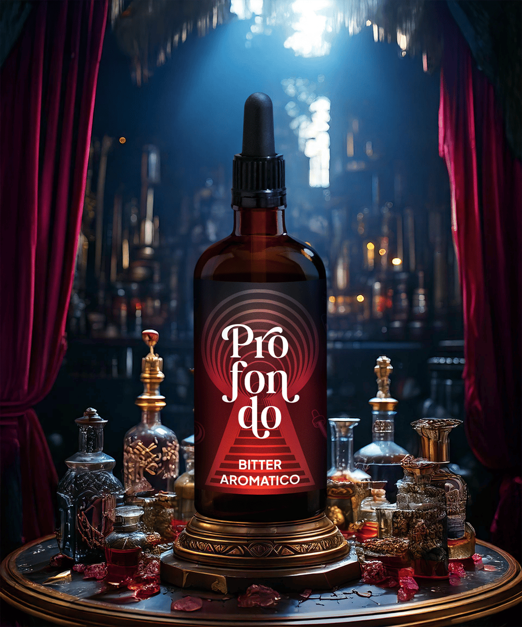 Una bottiglia di Profondo, Bitter aromatico da 10 cl