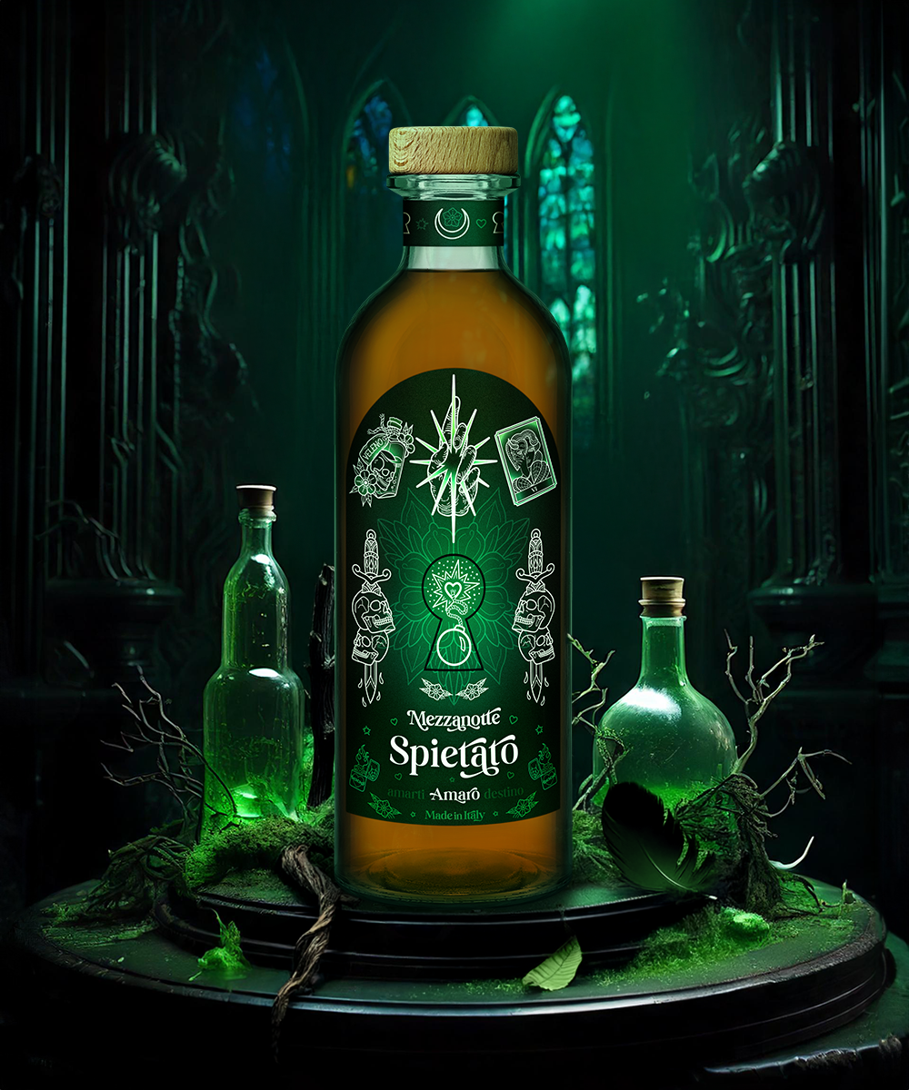 bottiglia di amaro Spietato attorniata da pozioni e sullo sfondo una vetrata gotica oscura