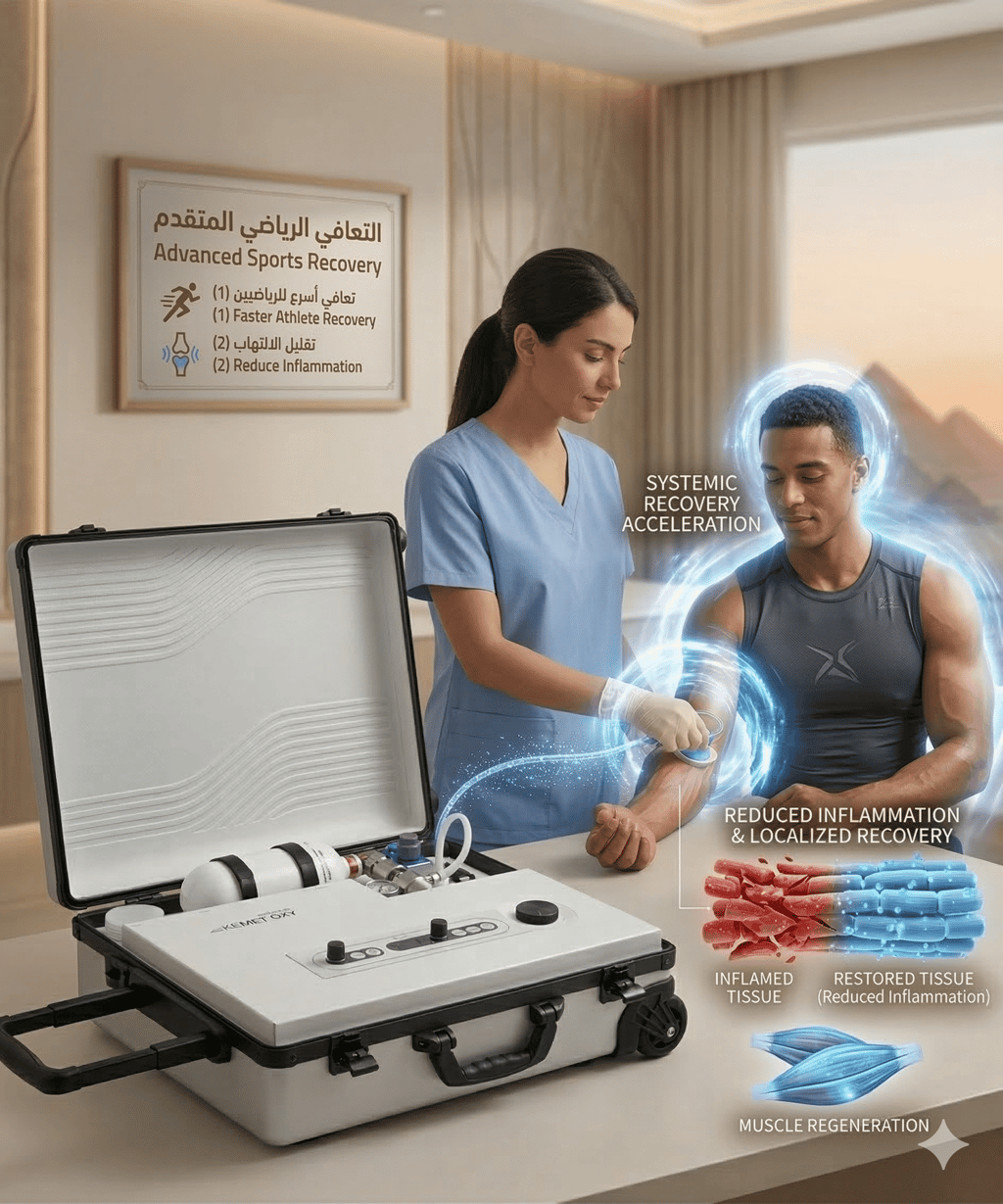 A nurse using a portable advanced sports recovery device on an athlete to reduce inflammation and accelerate muscle