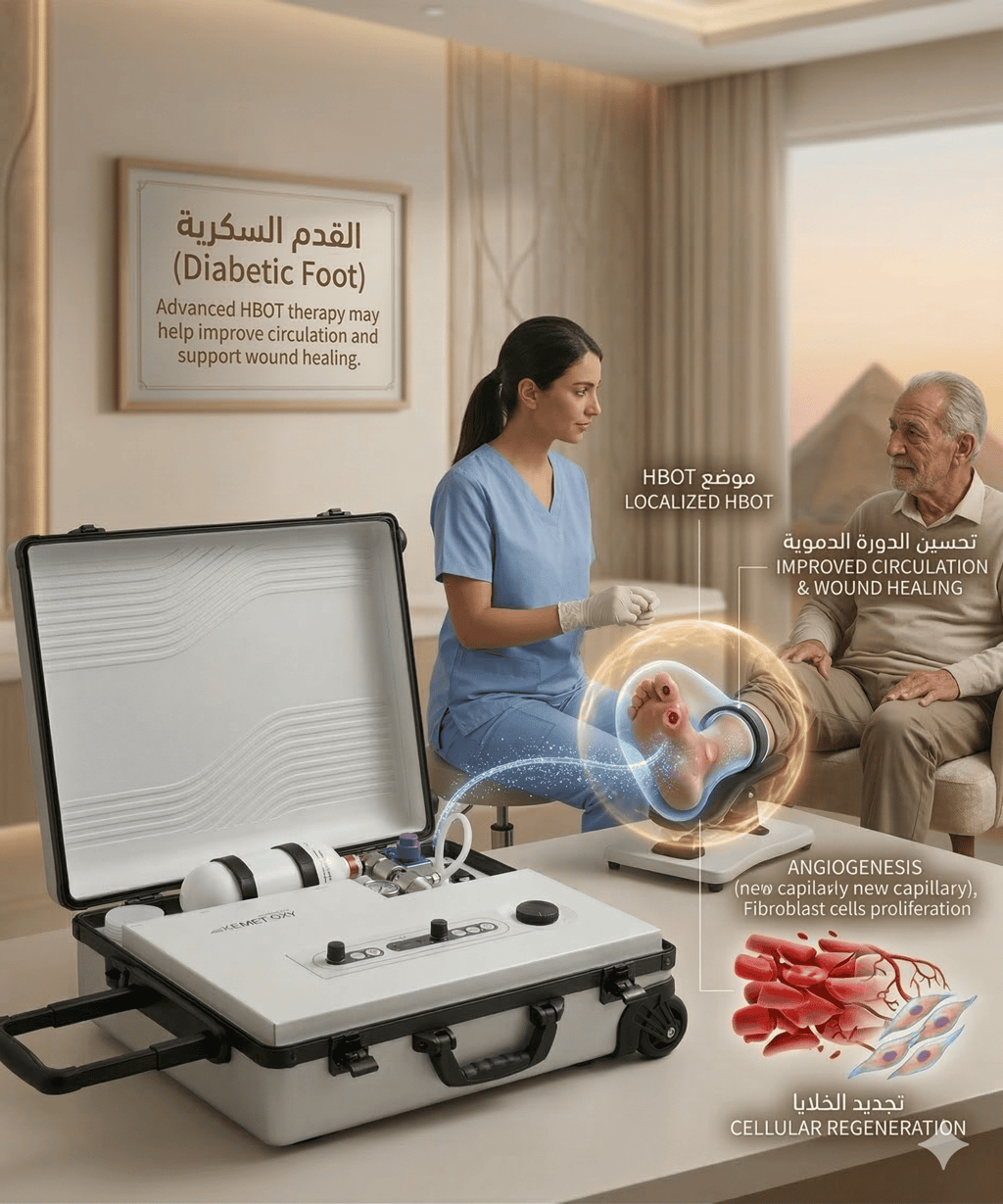 Portable HBOT therapy device for diabetic foot wound healing and improved circulation.
