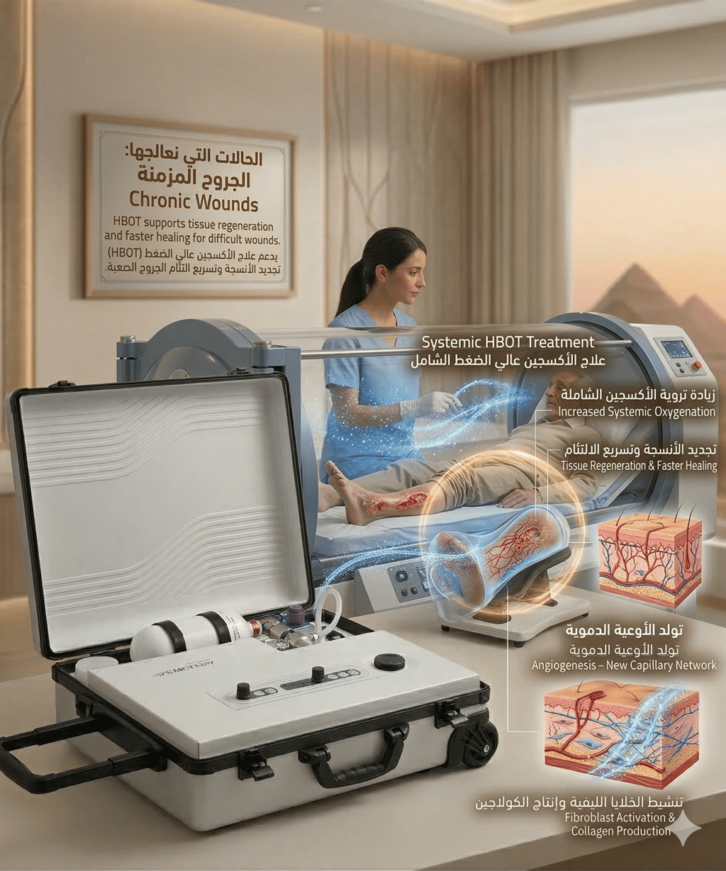 A patient receives hyperbaric oxygen therapy for chronic wound healing in HBOT Kemet Oxy Clinic