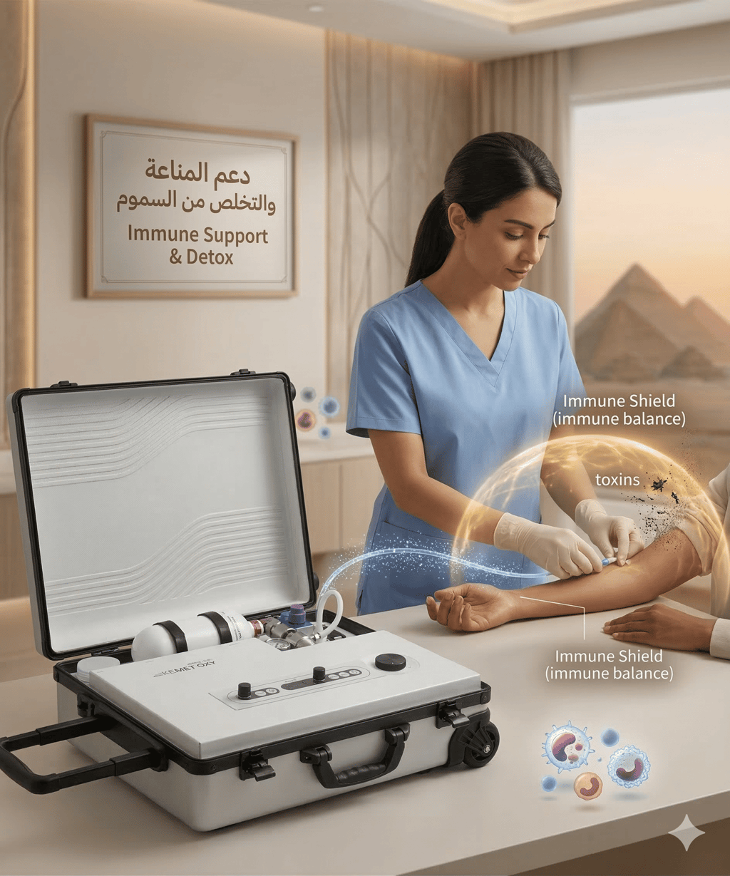 Kemet Oxy professional providing immune support and detox therapy using a portable medical device.