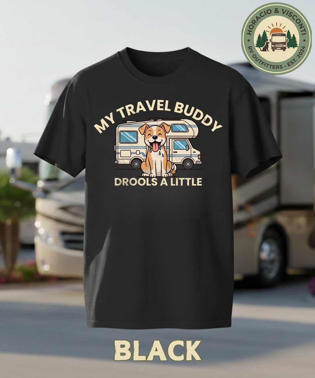Black t-shirt featuring a dog and motorhome with the text My Travel Buddy Drools a Little.