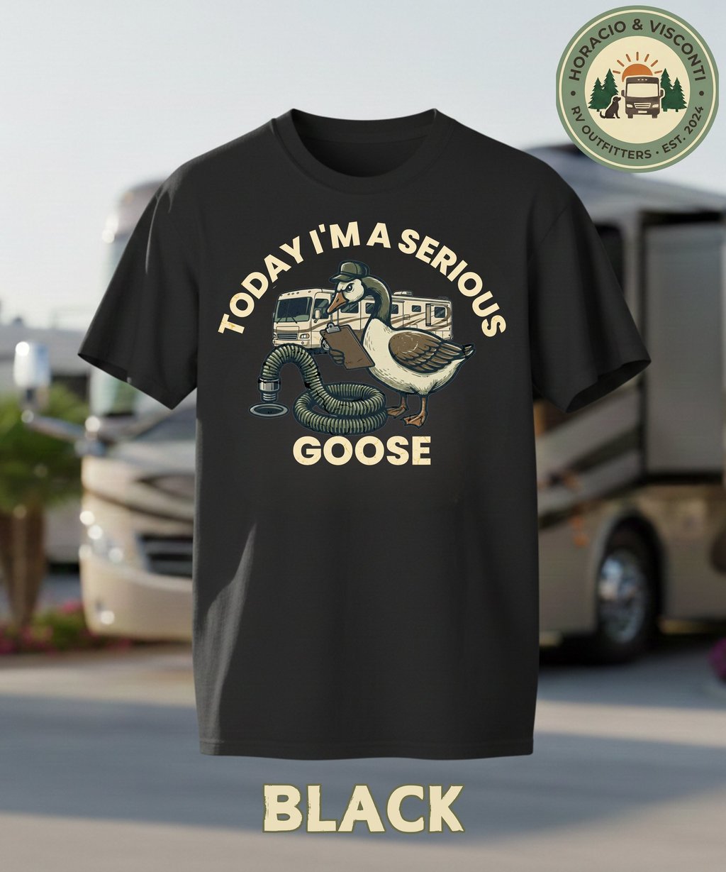 Black RV t-shirt featuring a funny goose holding a clipboard with a motorhome and sewer hose.