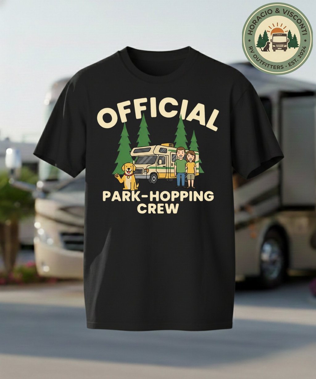 Black t-shirt with Official Park-Hopping Crew graphic featuring a dog, couple, and RV camper in the woods.