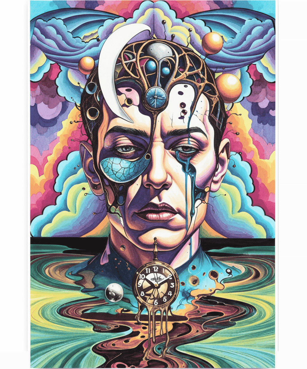 Surrealistic coloring with a face melting clock and psychedelic clouds in a dreamlike landscape.