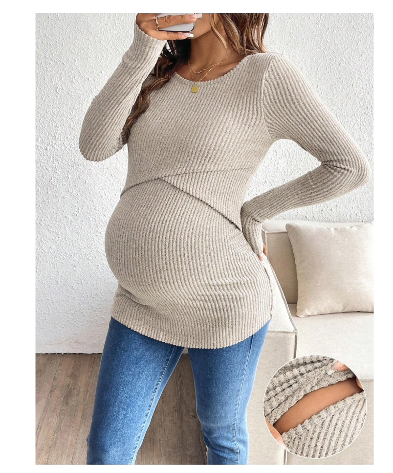 Solid color ribbed knit nursing long sleeve shirt, maternity/pumping friendly autumn winter top