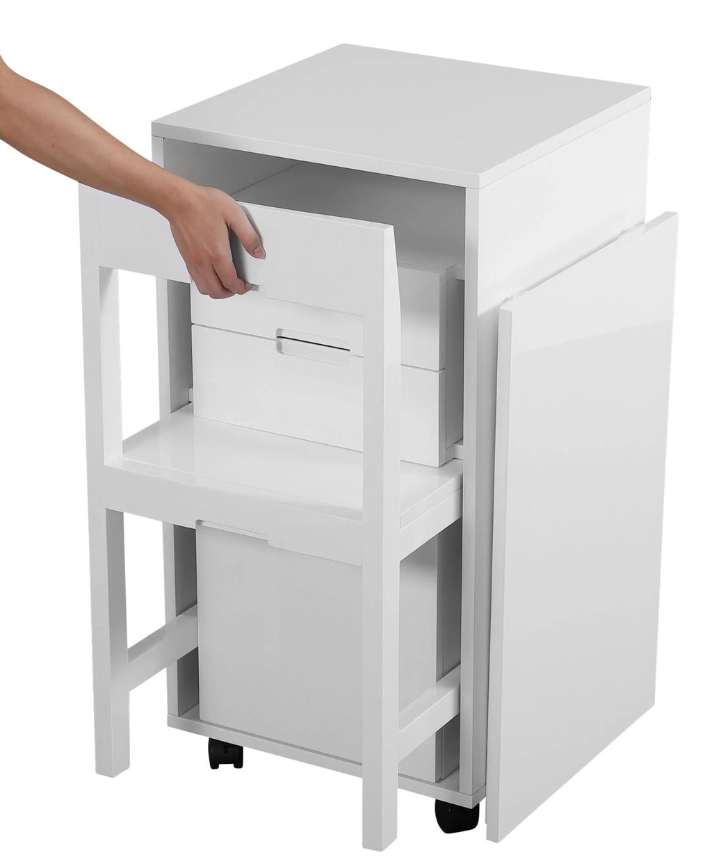 Three drawer file cabinet that turns into a desk with slide in chair, convertible cabinet with chair