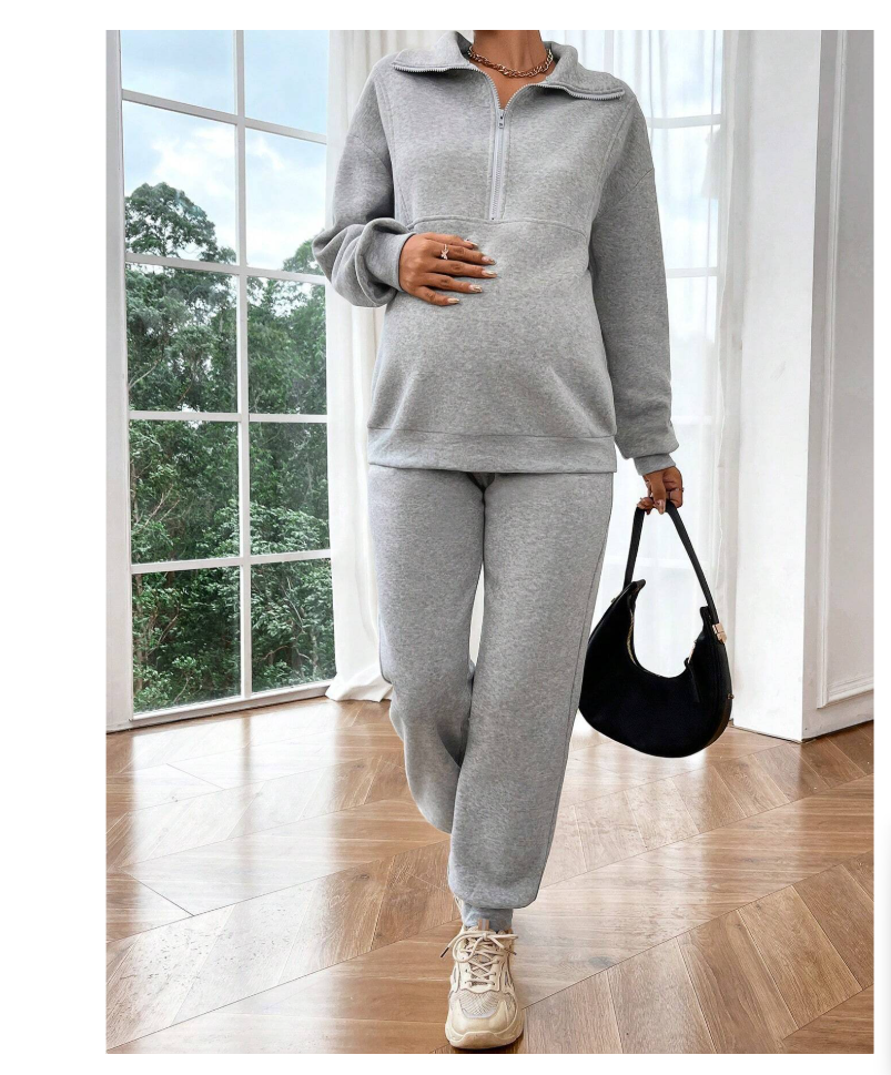 Two-piece maternity thermal set with zip-front long sleeve top and matching pants, soft winter loung