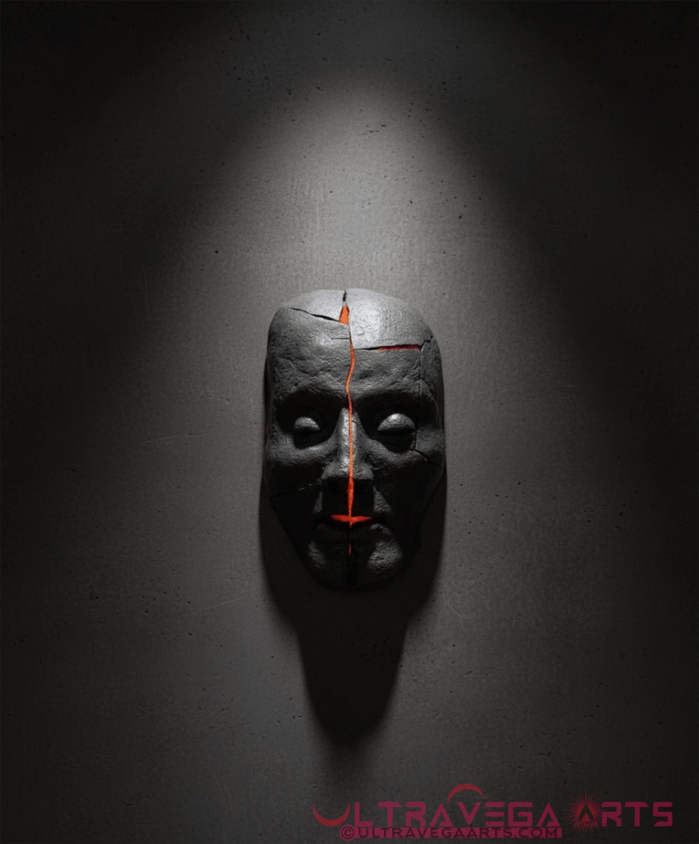 Fracture#1  Wall hanging mask Sculpture (Gallery View) Paper clay and Acrylic Paint. grey tones with red cracks by Tom Gates 