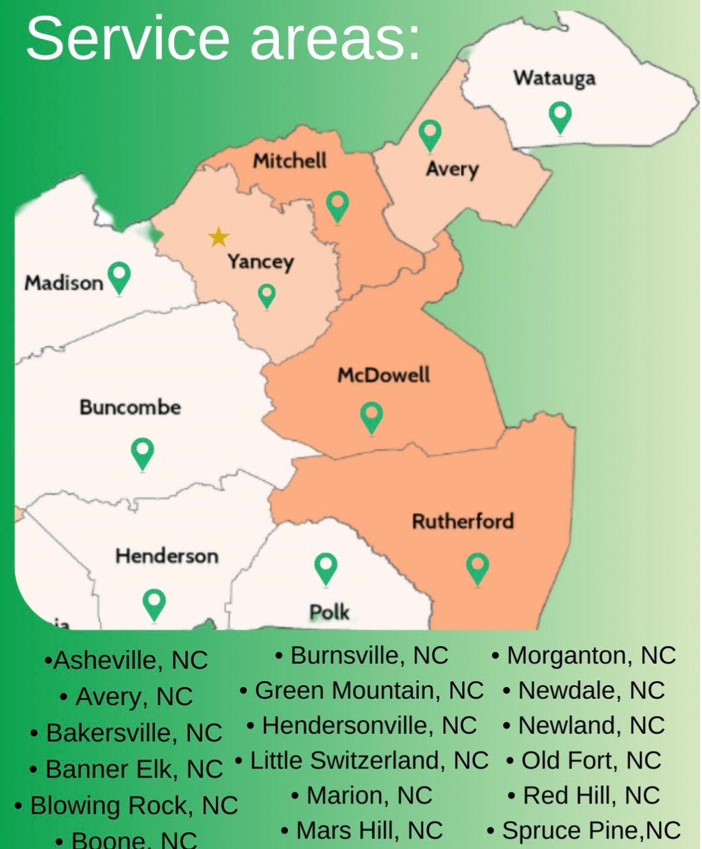 Service area map for Jack's Locksmith showing Western North Carolina counties and towns served