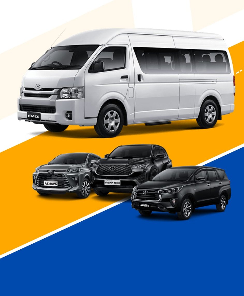 Toyota Hiace putih, Toyota Avanza hitam, Toyota Zenix hitam dan Innova Reborn hitam.