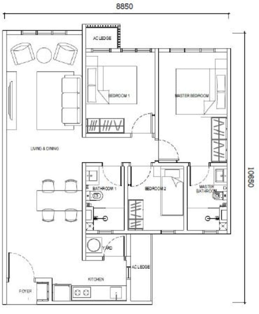 Type E2 layout – 850sf 3-bedroom 2-bathroom apartment without balcony, near RTS station