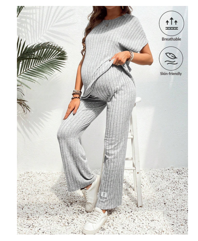 Soft grey SHEIN maternity two-piece hospital gown set with short sleeve top and long pants