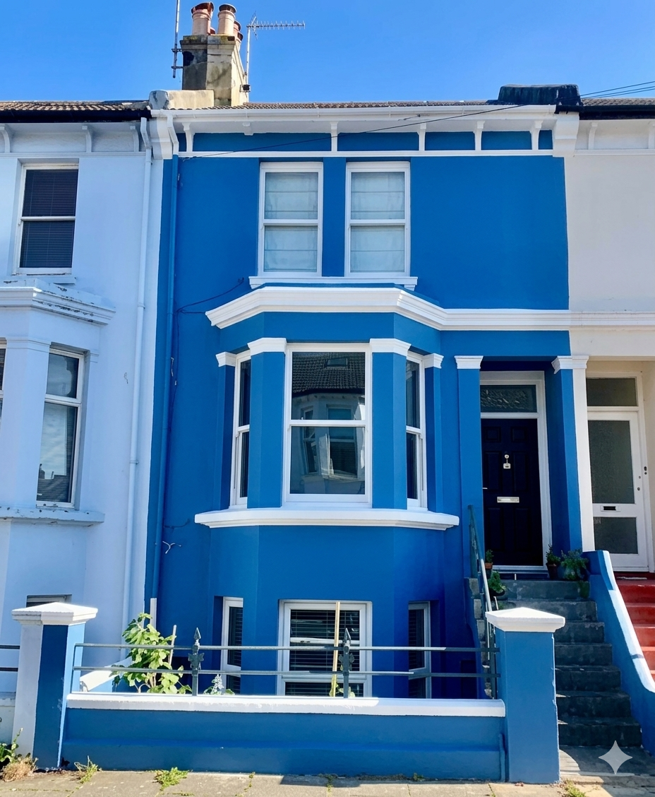 A vibrant blue terraced house with white trim and a large bay window in a residential Brighton area.