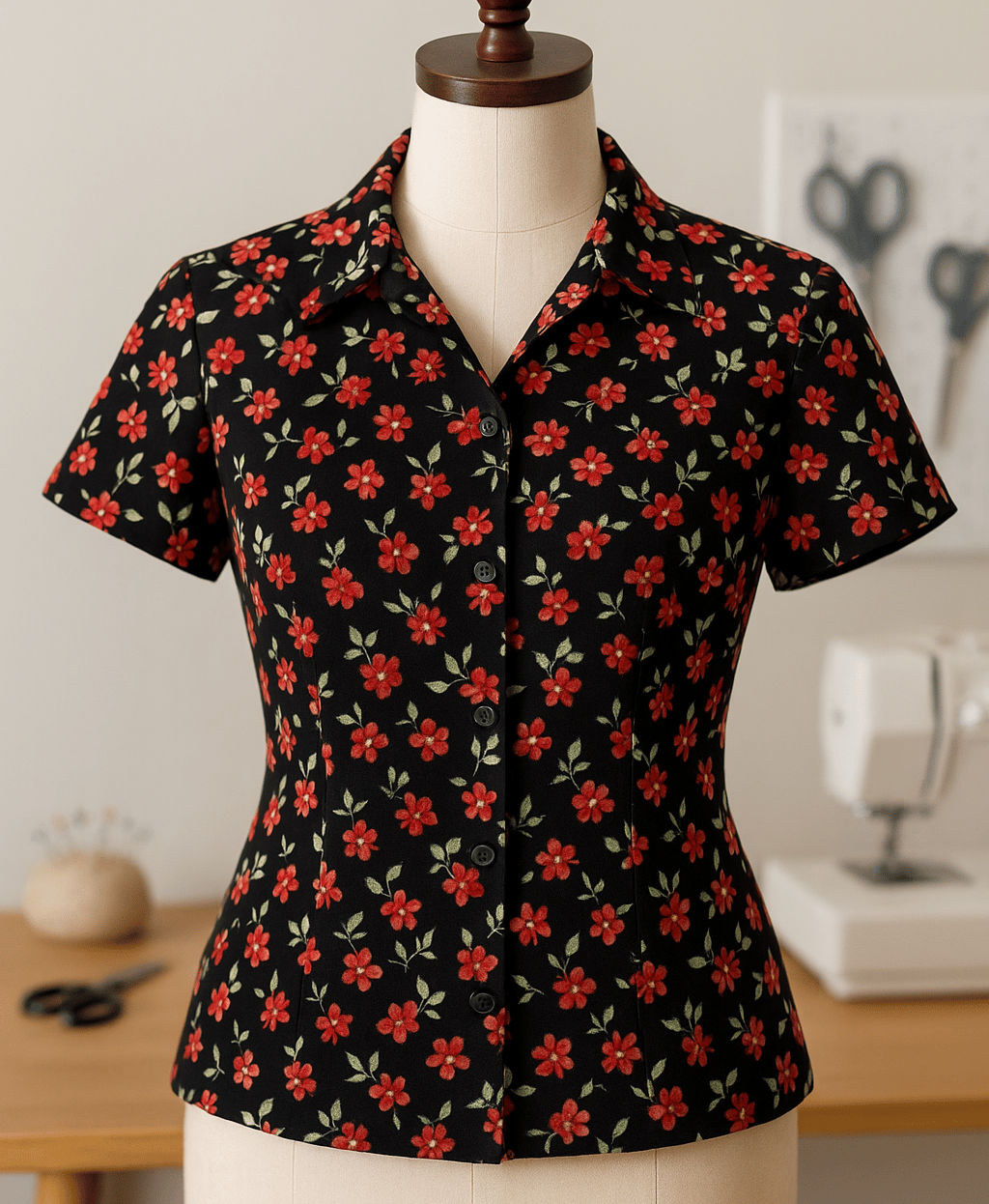 Floral button-front blouse with darts on a dress form in a sewing room.
