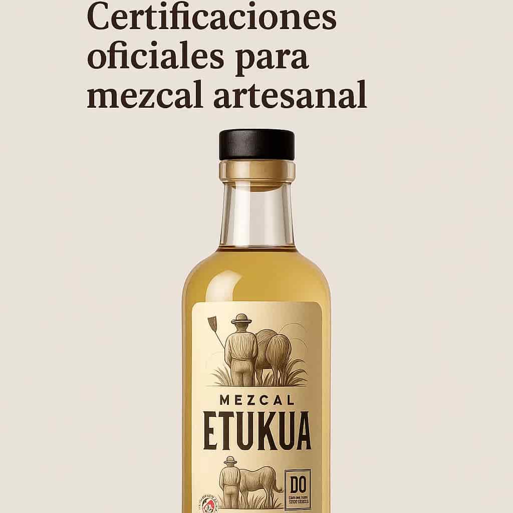 Sellos CRM y DO en etiqueta de mezcal artesanal transparente