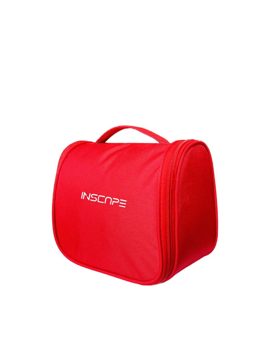 a red makeup bags with inscape logo on it