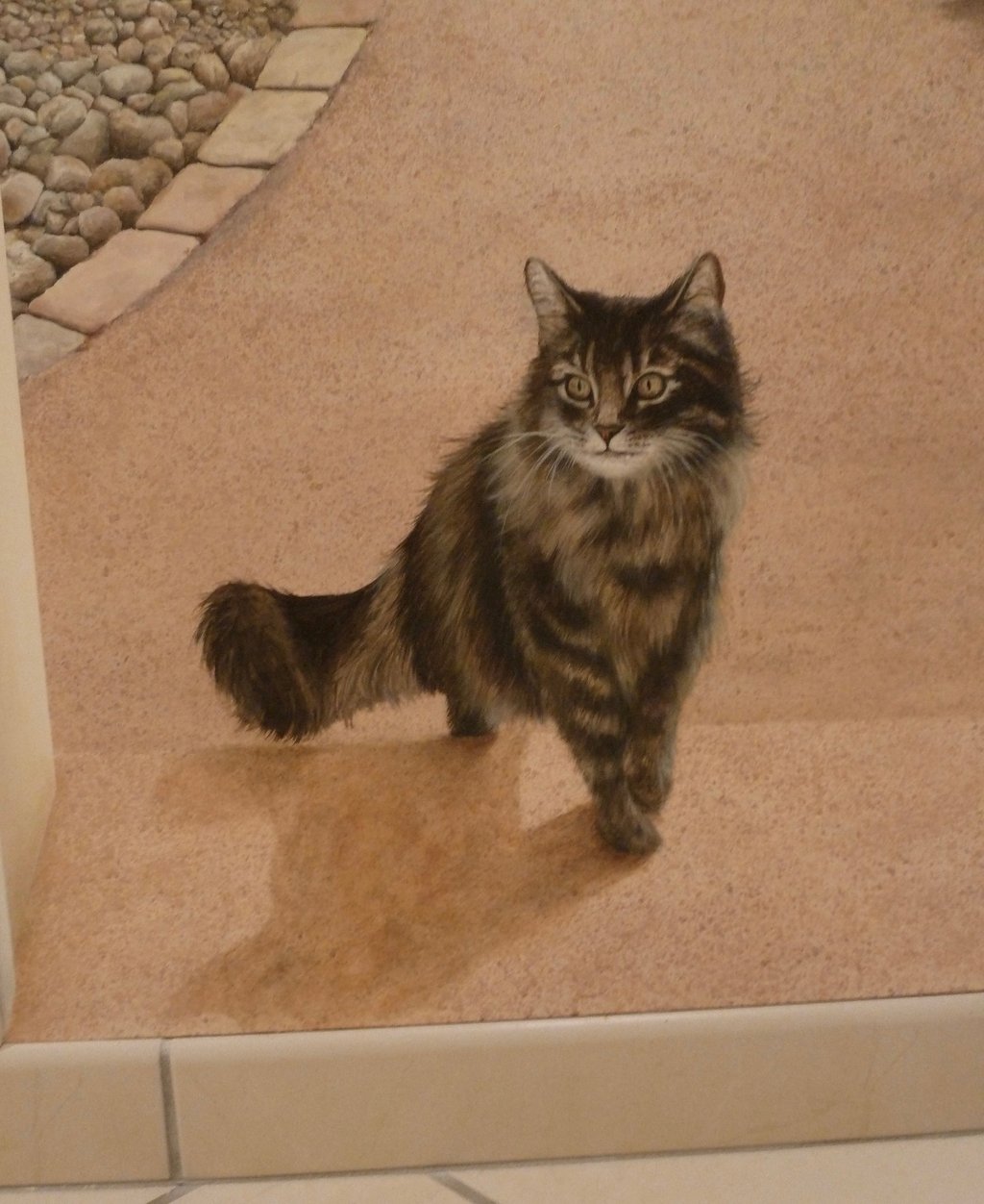 Détail d'une peinture murale: un chat à poils long marche face à nous. Arinthod, Jura 39.