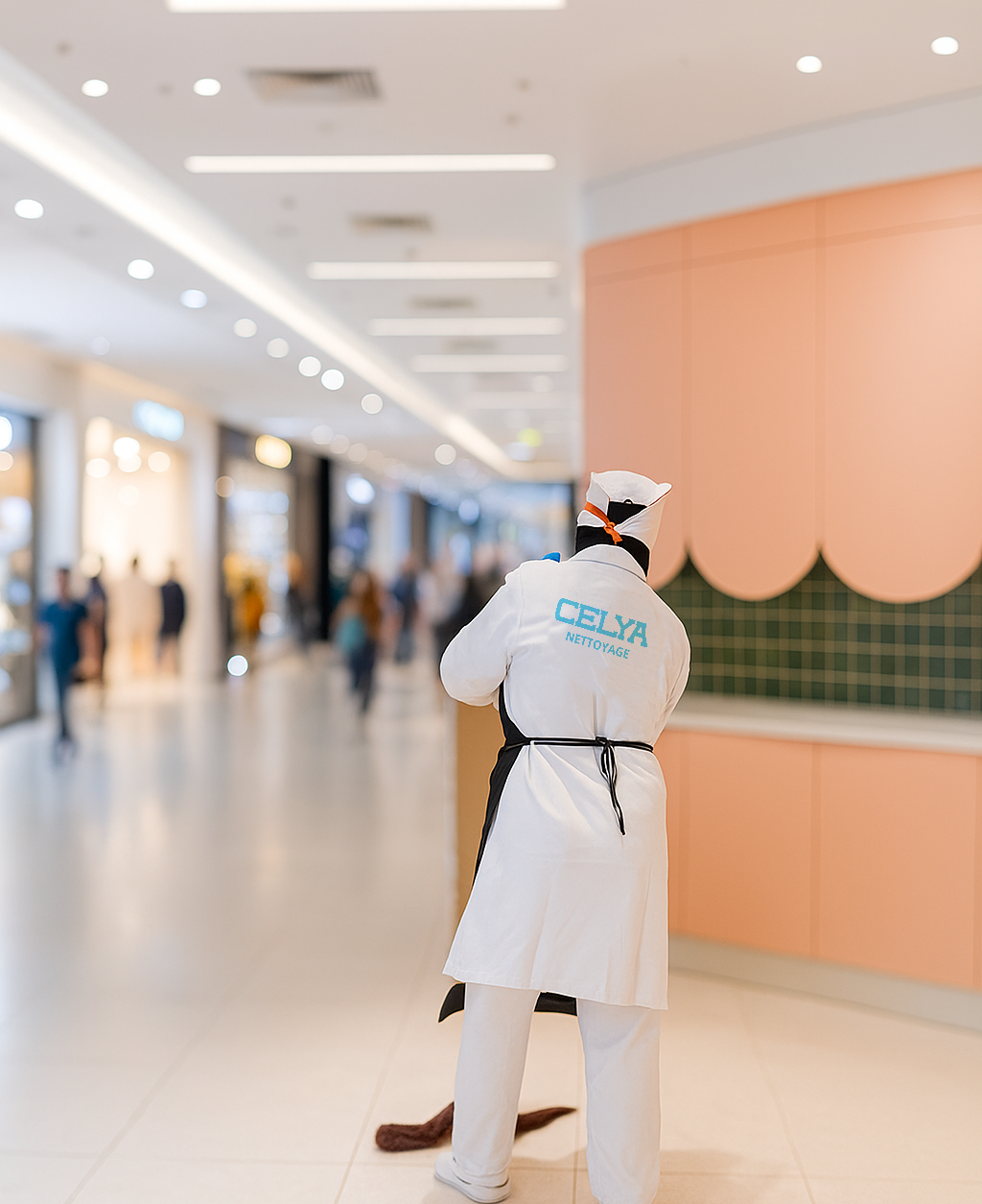 Femme de ménage utilisant une balayette pour nettoyer le sol dans un centre commercial à Casablanca