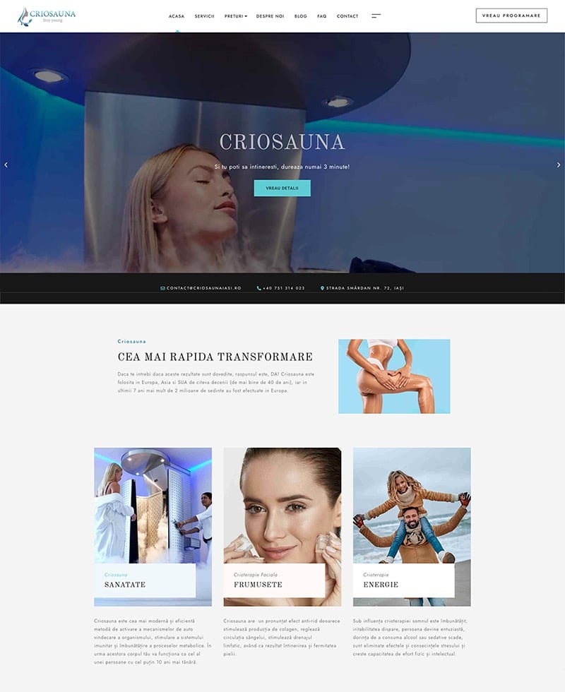 Home page website prototype designed for criosauna iasi, a business offering cryo therapy packages.