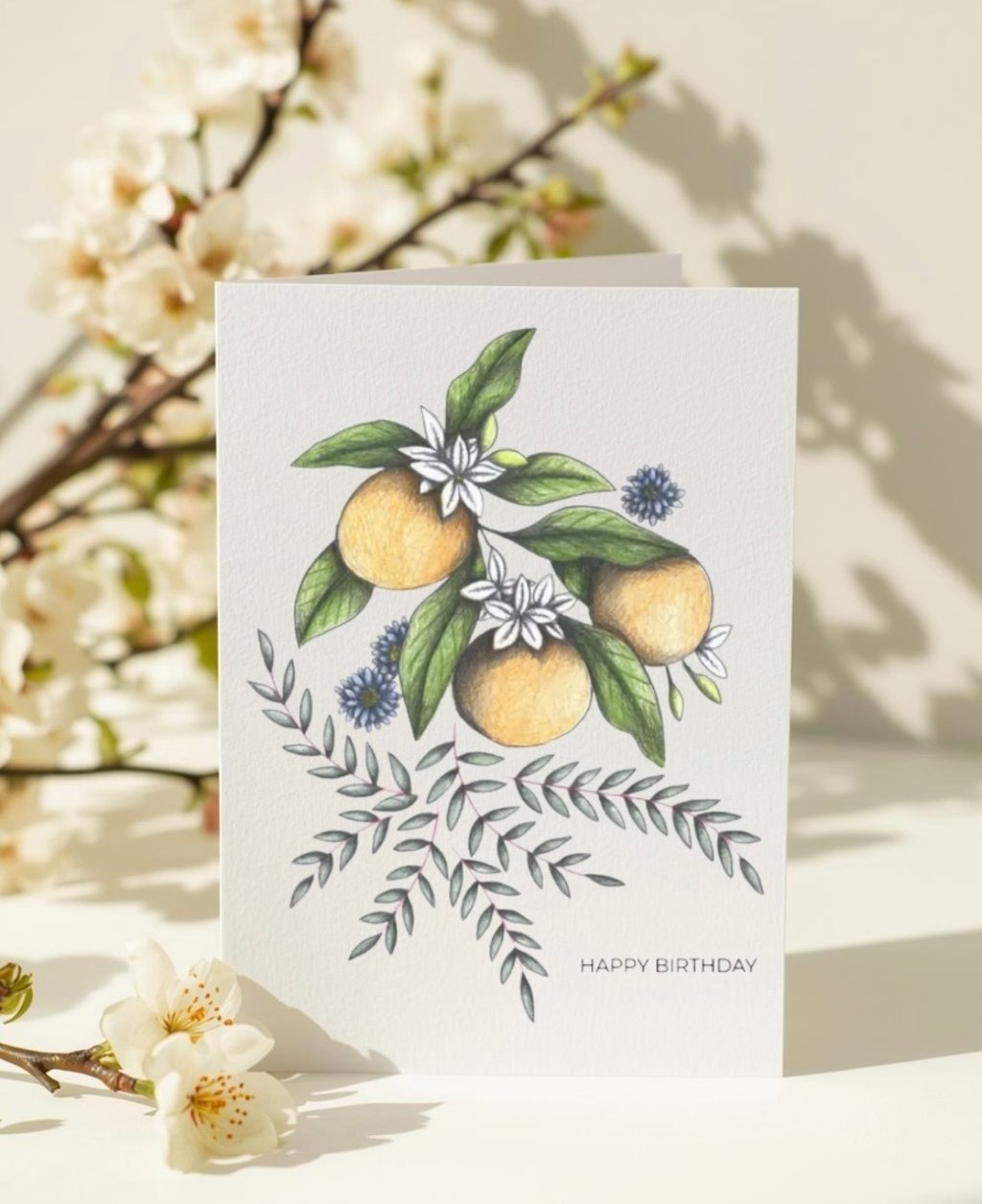 Greeting Card with a Orange Fruit illustration, surrounded by white flowers