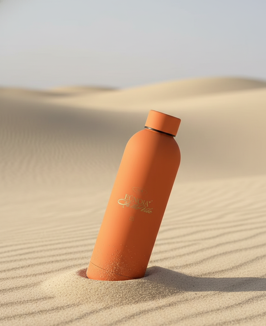 Termo reutilizable de merch eunoia de color naranja colocada en las dunas de arena.