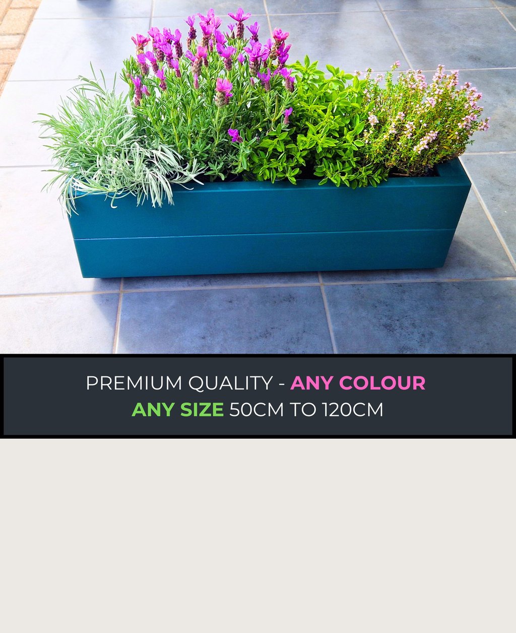 wooden trough planter painted in green balcony plant box window sill tube plant herb box