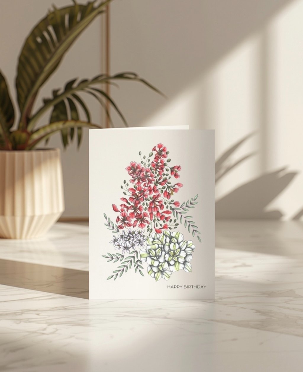 Greeting Card with a floral illustration, on a floor surrounded by a potted plant