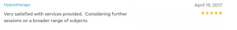 A 5-star customer review for hypnotherapy services praising the quality and satisfaction of sessions.