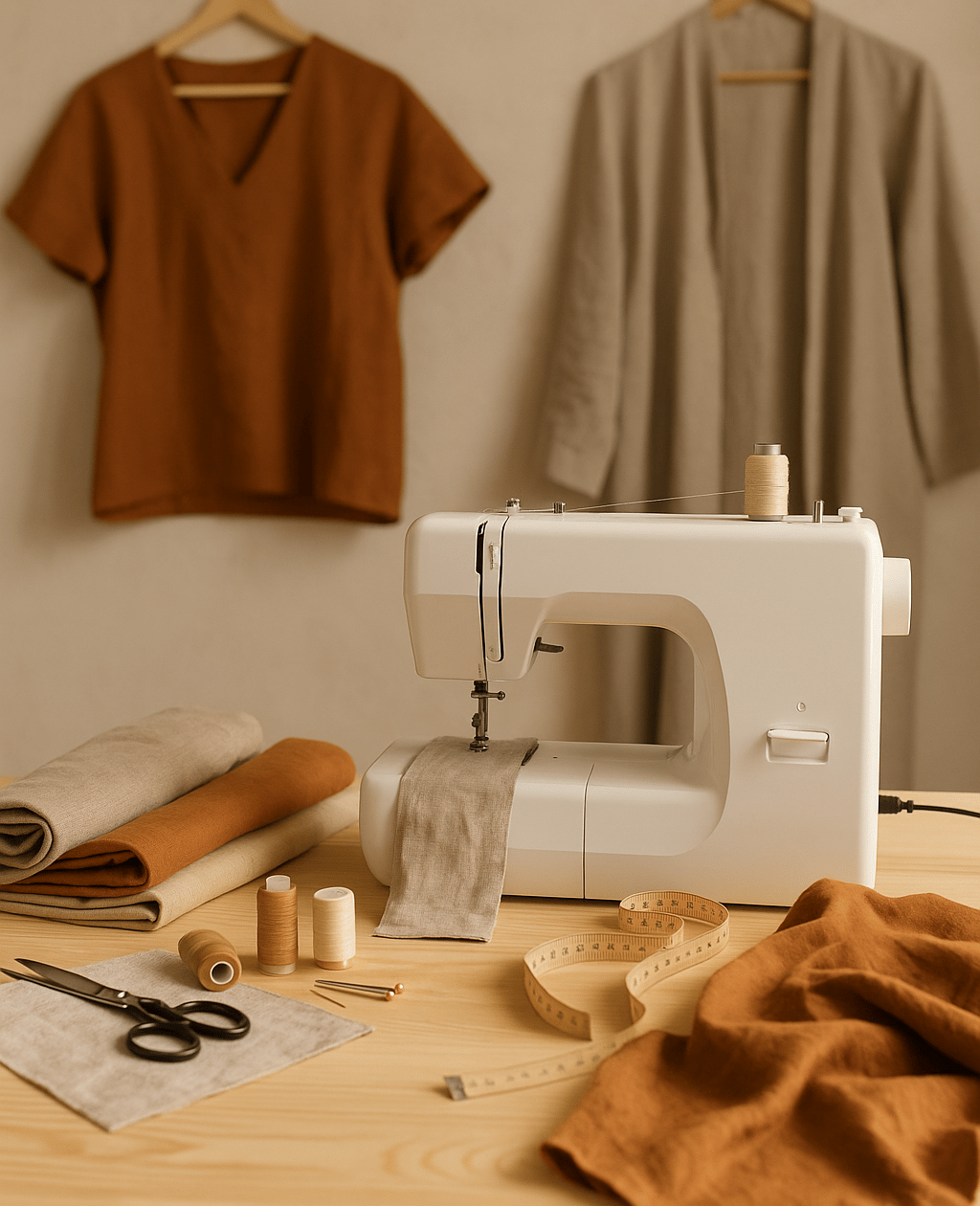Sewing machine and garments in slow-fashion workspace 