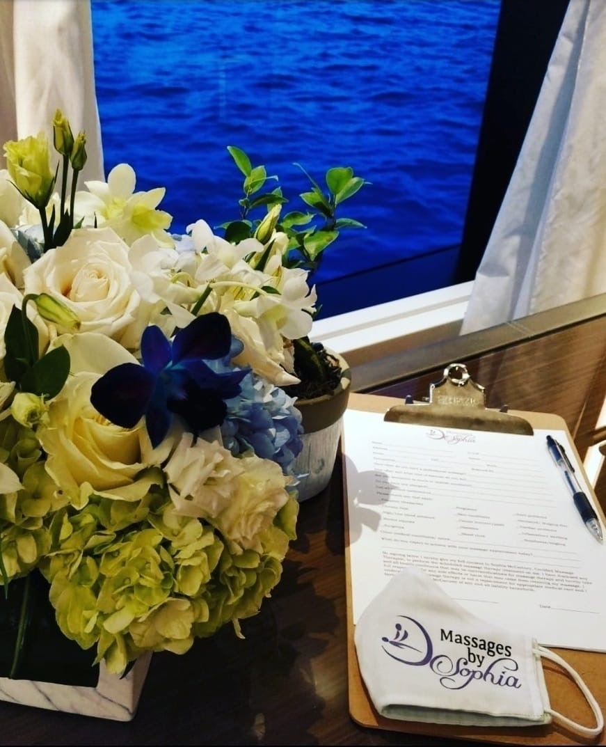 a bouquet of flowers on a table with  massages by sophia consultation form