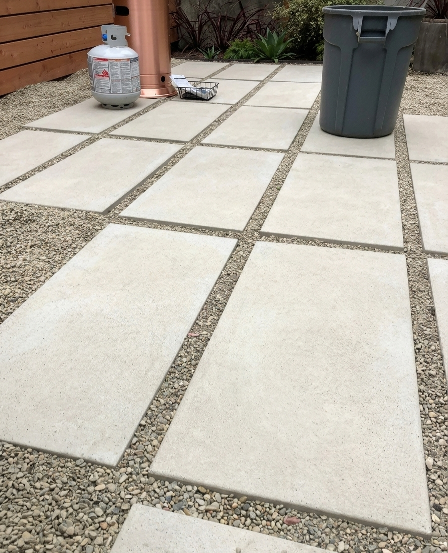 Modern backyard landscaping featuring large concrete pavers and pea gravel, creating a stylish and f