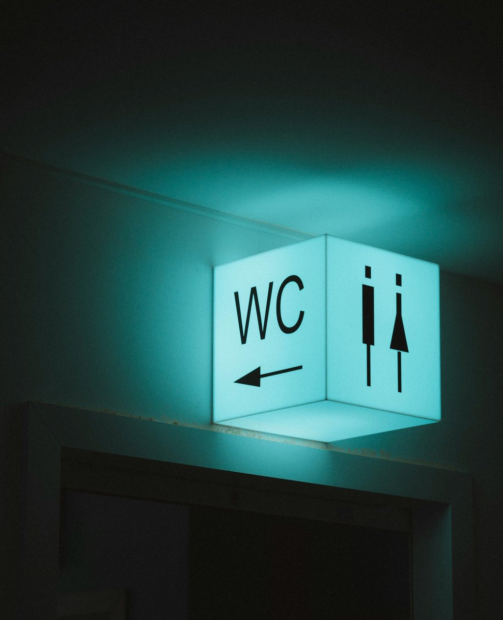 Illuminated blue WC restroom sign with male and female icons and a directional arrow.